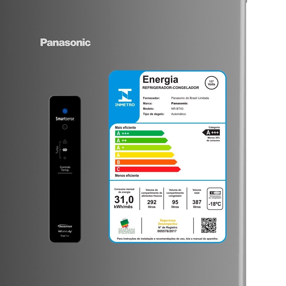 Geladeira/Refrigerador Panasonic 387 Litros NR-BT43PV1T | 2 Portas, Frost Free, Econavi, Titânio, 110V