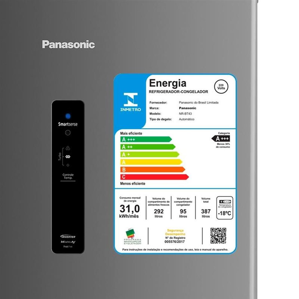 Geladeira/Refrigerador Panasonic 387 Litros NR-BT43PV1T | 2 Portas, Frost Free, Econavi, Titânio, 220V