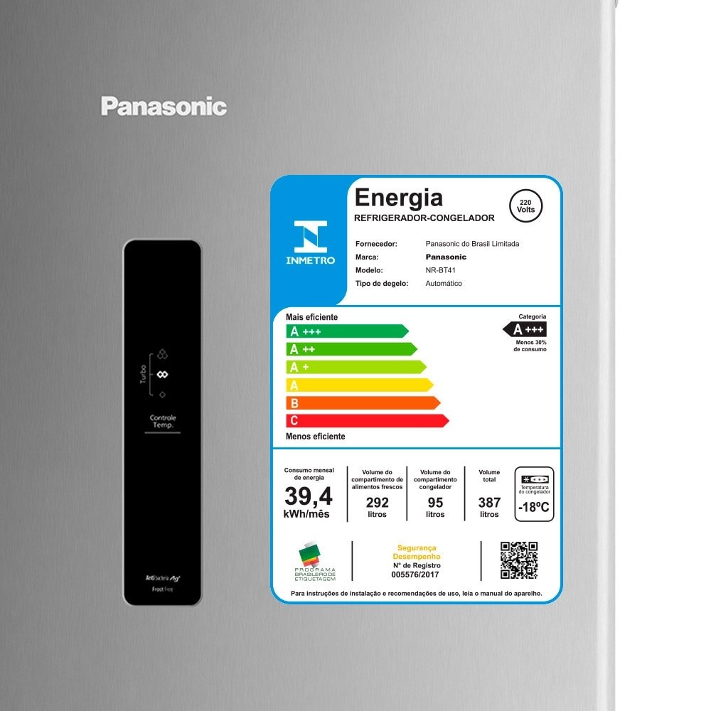 Geladeira/Refrigerador Panasonic 387 Litros A+++ NR-BT41PD1X - 2 Portas, Frost Free, Painel, Eletrônico, Aço Escovado 220V