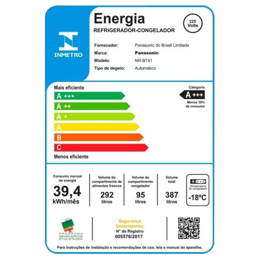 Geladeira/Refrigerador Panasonic 387 Litros A+++ NR-BT41PD1W - 2 Portas, Frost Free, Painel Eletrônico, Branco, 220V