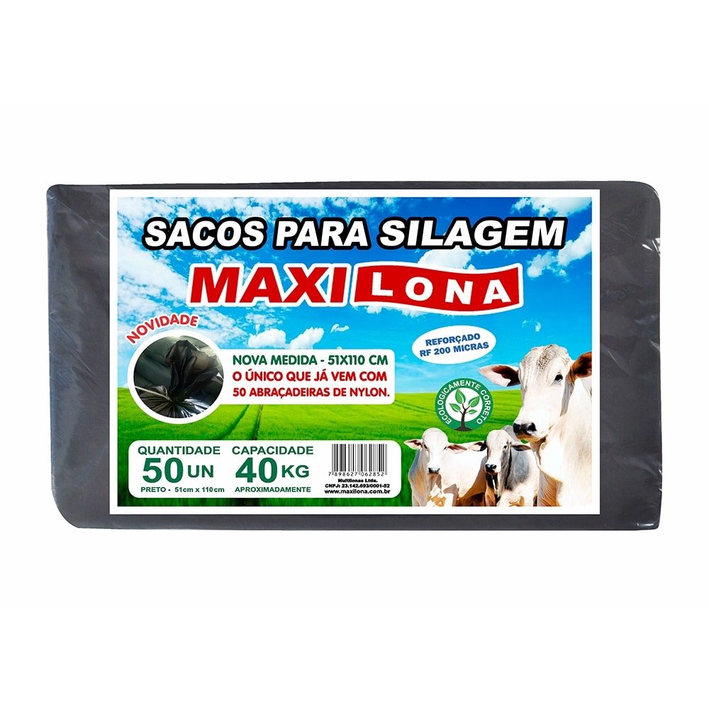 Saco para Silagem Maxi Lona Preto 51 x 110cm + Abraçadeiras Nylon 200 Micras - Embalagem com 50 Unidades