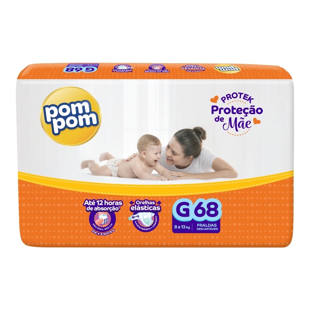 Fralda Descartável Pom Pom Derma Protek Tamanho G - 4 Pacotes com 68 Fraldas - Total 272 Tiras