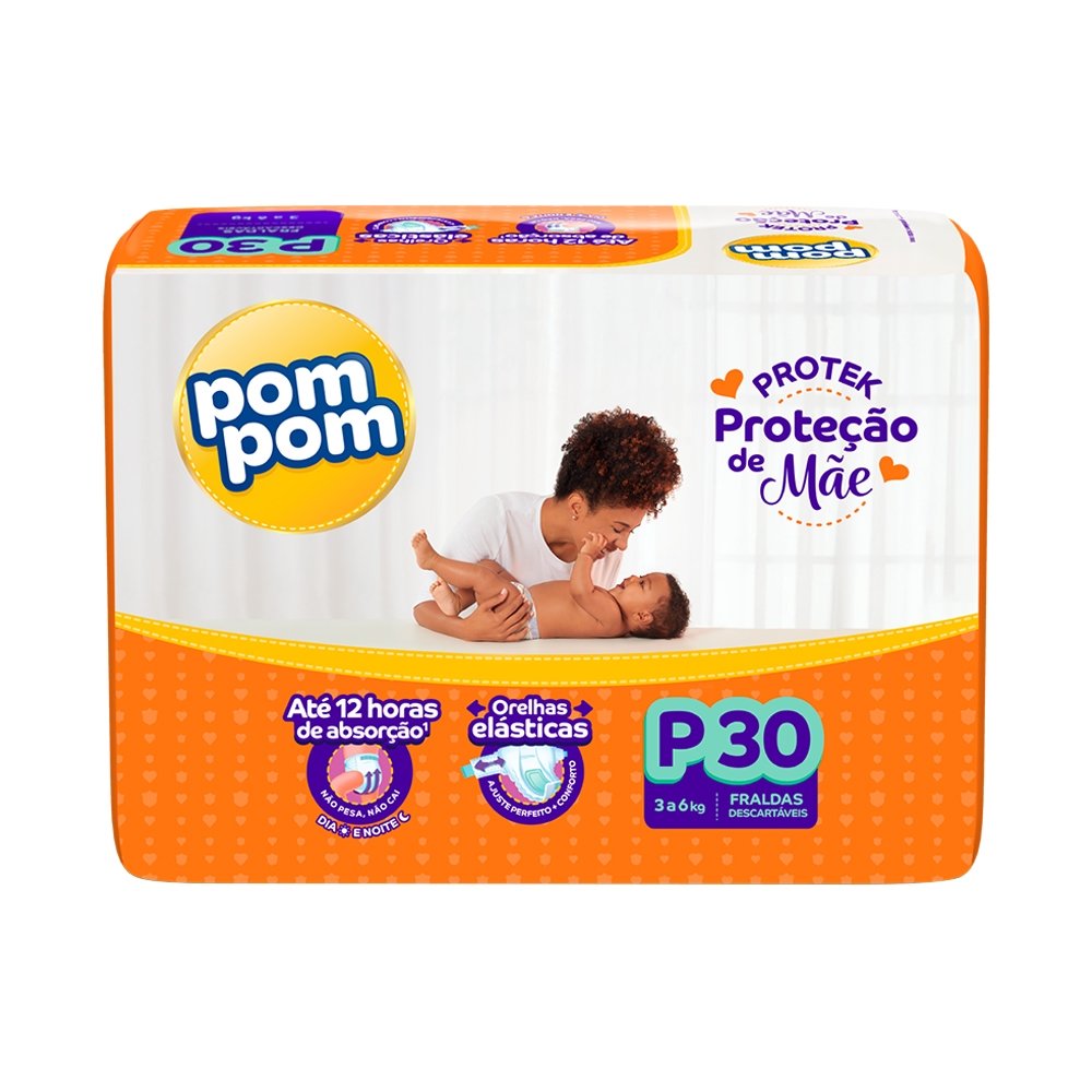 Fralda Descartável Pom Pom Derma Protek Jumbo Tamanho P - 6 Pacotes com 30 Fraldas - Total 180 Tiras