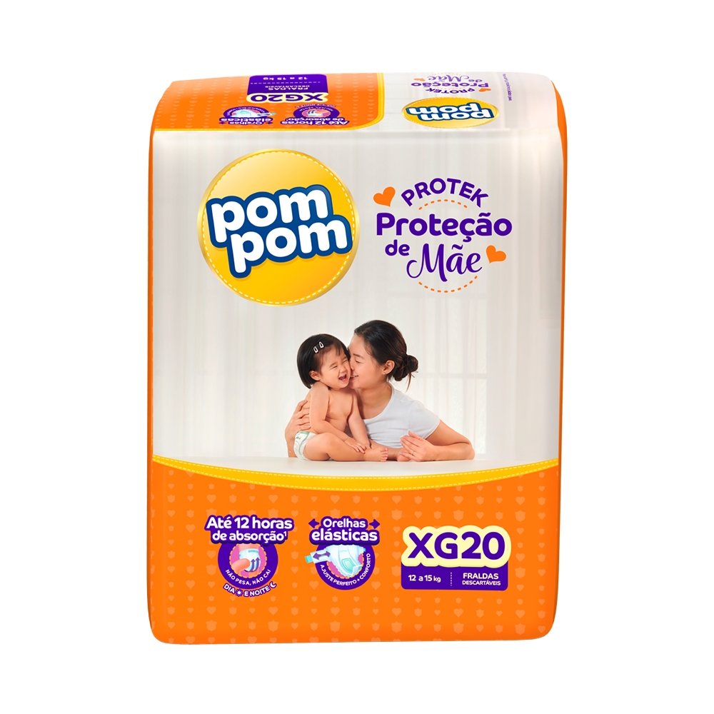 Fralda Descartável Pom Pom Derma Protek Jumbo Tamanho XG - 6 Pacotes com 20 Fraldas - Total 120 Tiras