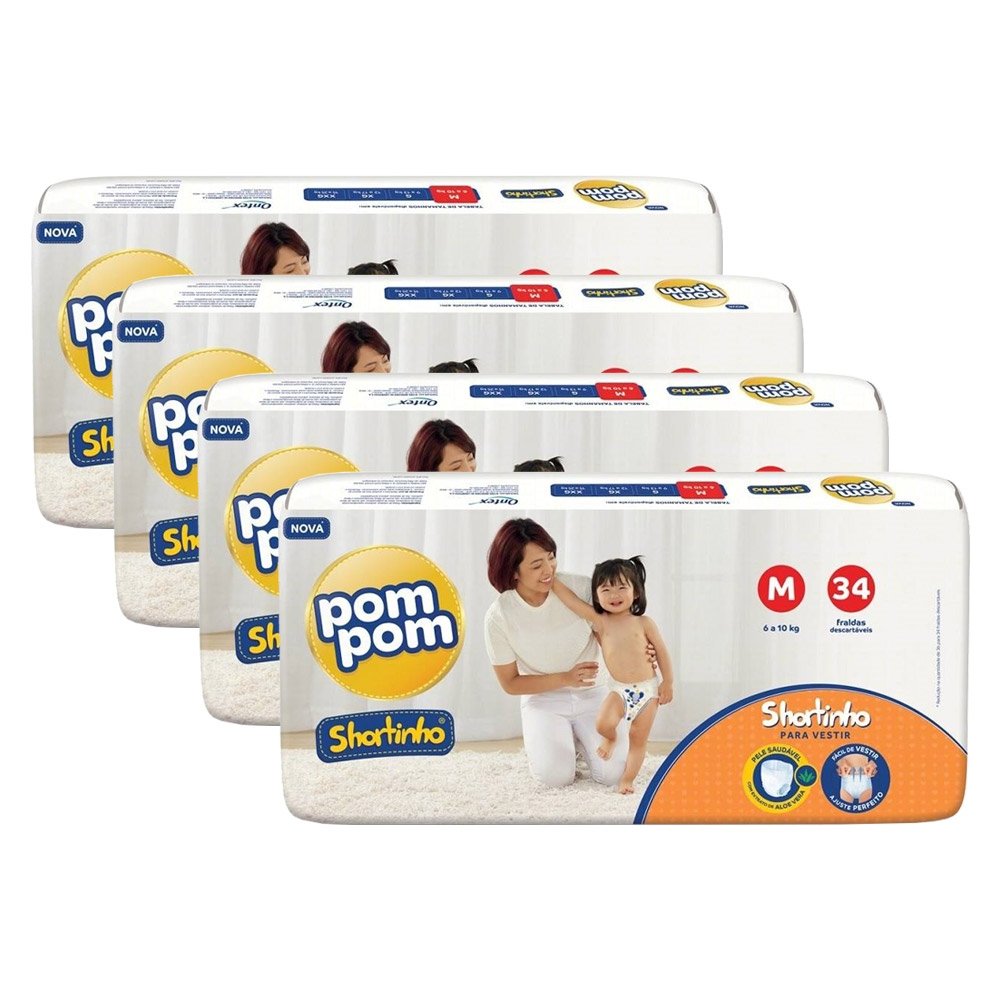 Fralda Descartável Pom Pom Shortinho Jumbo Tamanho M - 4 Pacotes com 34 Fraldas - Total 136 Tiras