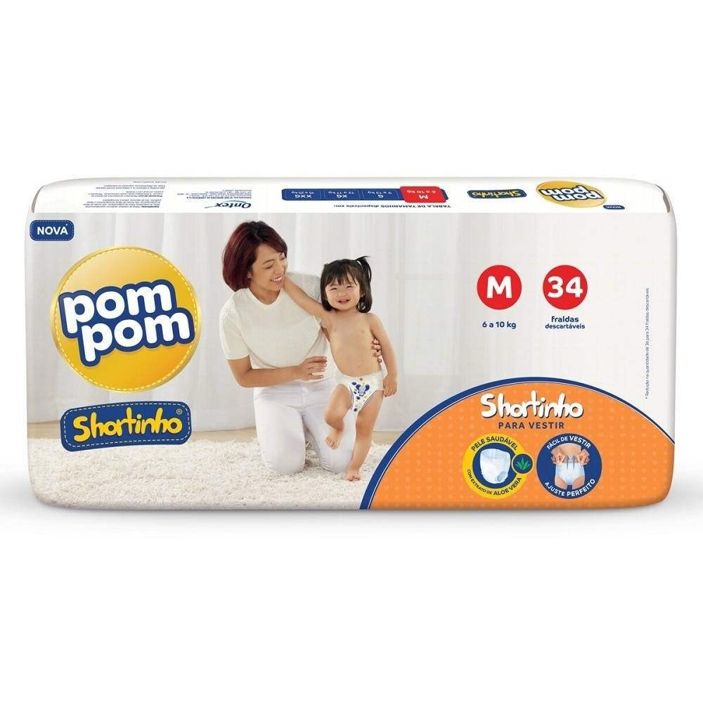 Fralda Descartável Pom Pom Shortinho Jumbo Tamanho M - 4 Pacotes com 34 Fraldas - Total 136 Tiras