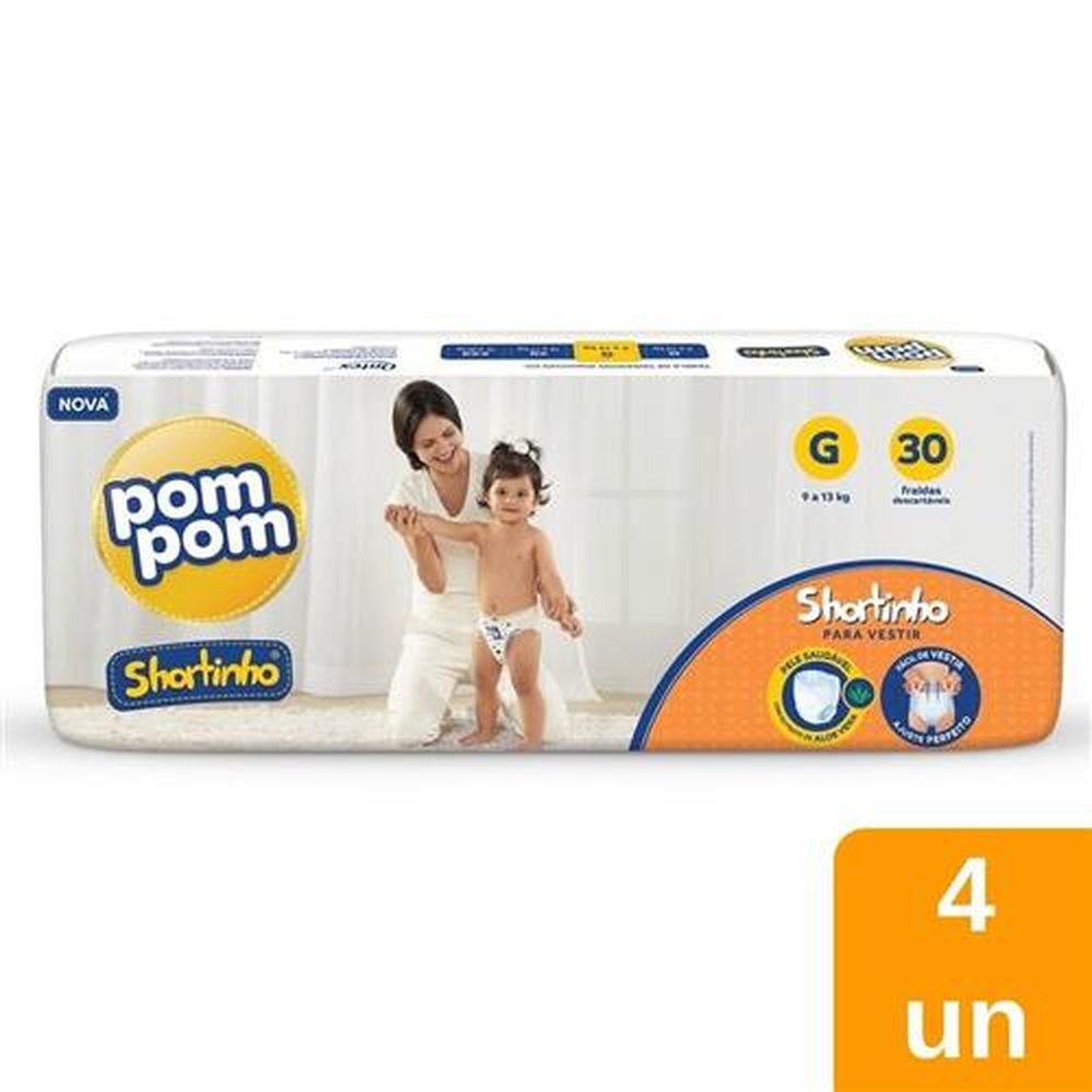 Fralda Descartável Pom Pom Shortinho Jumbo Tamanho G - 4 Pacotes com 30 Fraldas - Total 120 Tiras