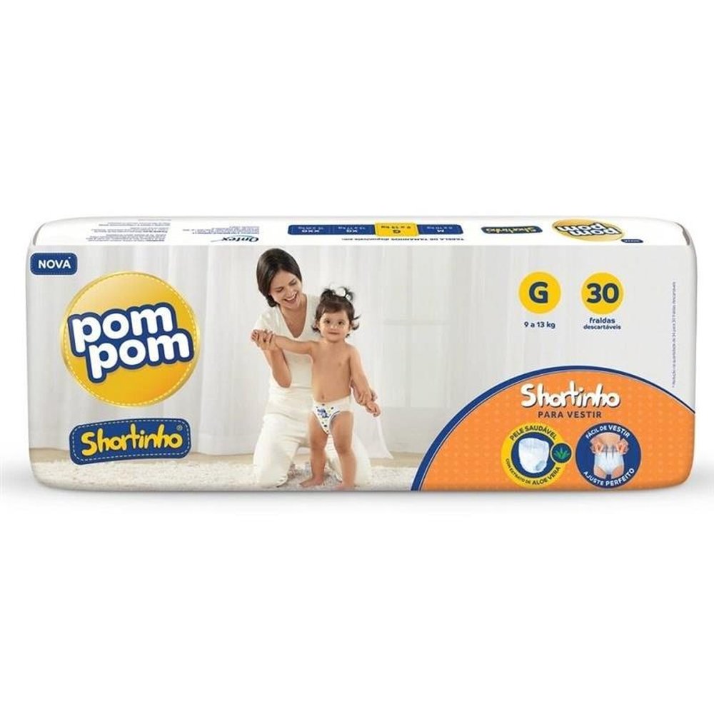 Fralda Descartável Pom Pom Shortinho Jumbo Tamanho G - 4 Pacotes com 30 Fraldas - Total 120 Tiras