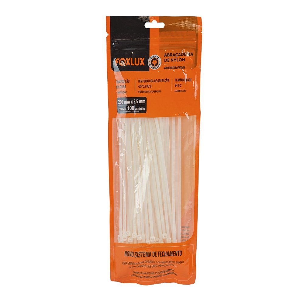 Abraçadeira Nylon Foxlux 200mm x 3,5mm Branco - Embalagem com 100 Unidades