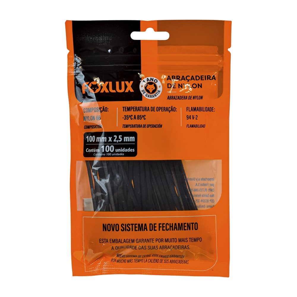 Abraçadeira Nylon Foxlux 100mm x 2,5mm Preto - Embalagem com 100 Unidades