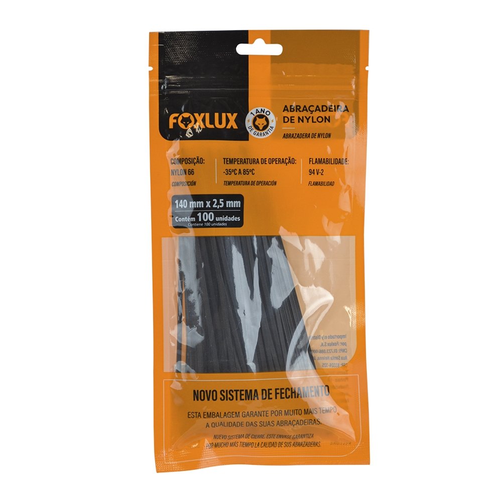 Abraçadeira Nylon Foxlux 140mm x 2,5mm Preto - Embalagem com 100 Unidades