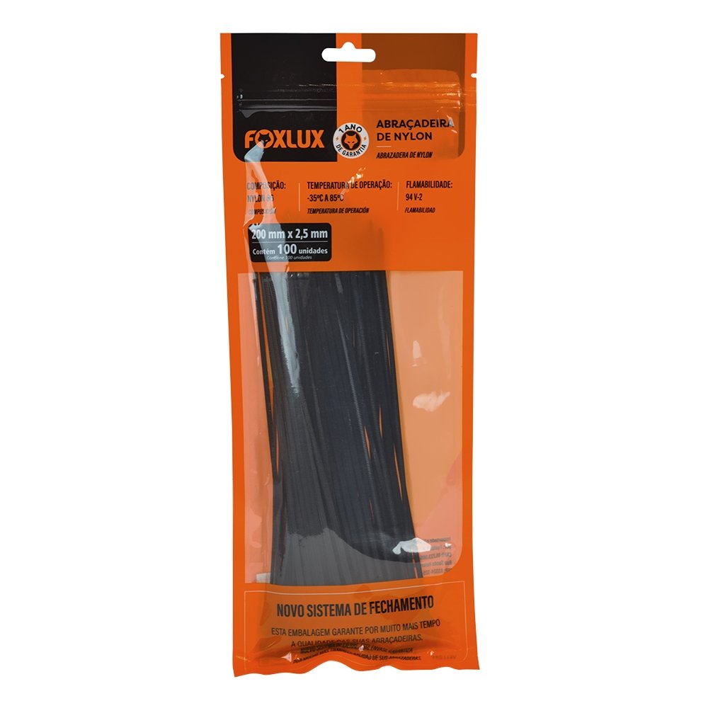 Abraçadeira Nylon Foxlux 200mm x 2,5mm Preto - Embalagem com 100 Unidades