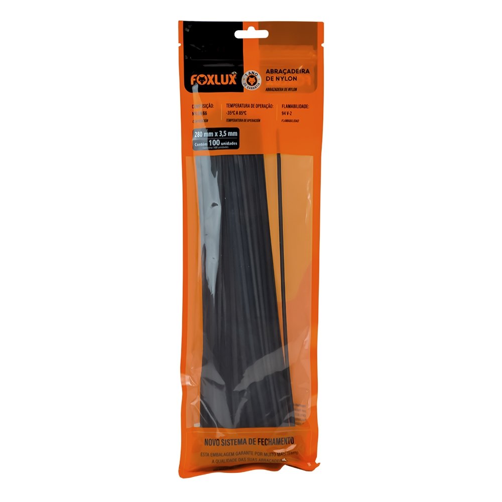 Abraçadeira Nylon Foxlux 280mm x 3,5mm Preto - Embalagem com 100 Unidades