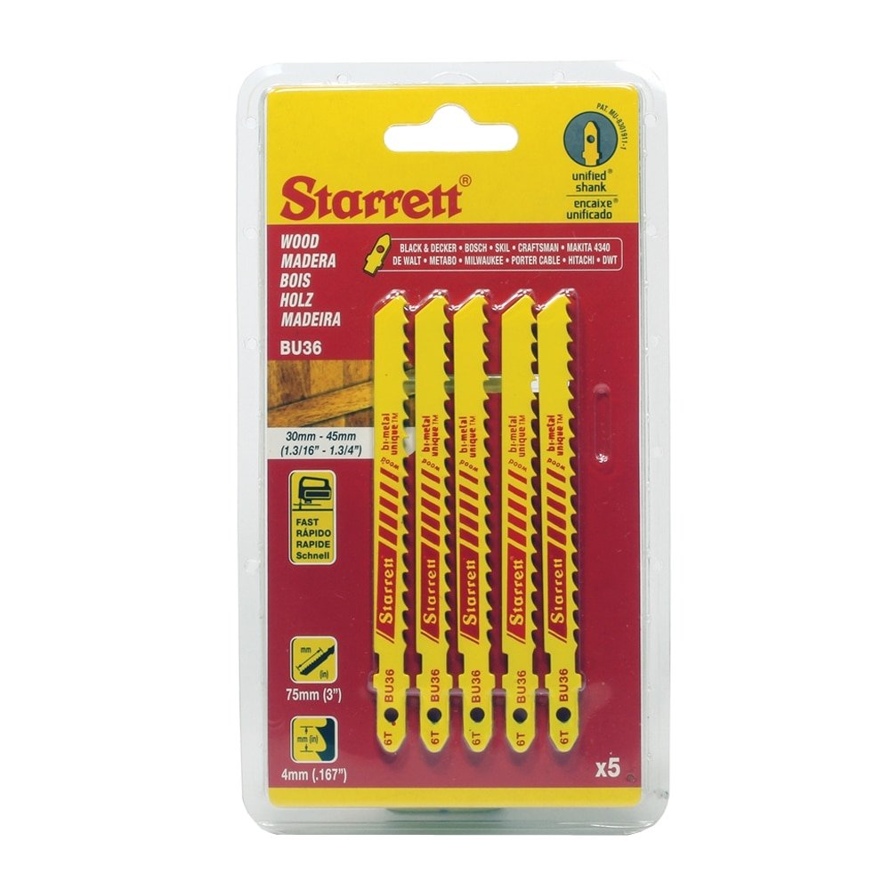 Lâmina Serra Tico Tico Starrett Bi-Metalica 3P 6 Dentes Para Madeira BU36 - Embalagem com 5 Unidades