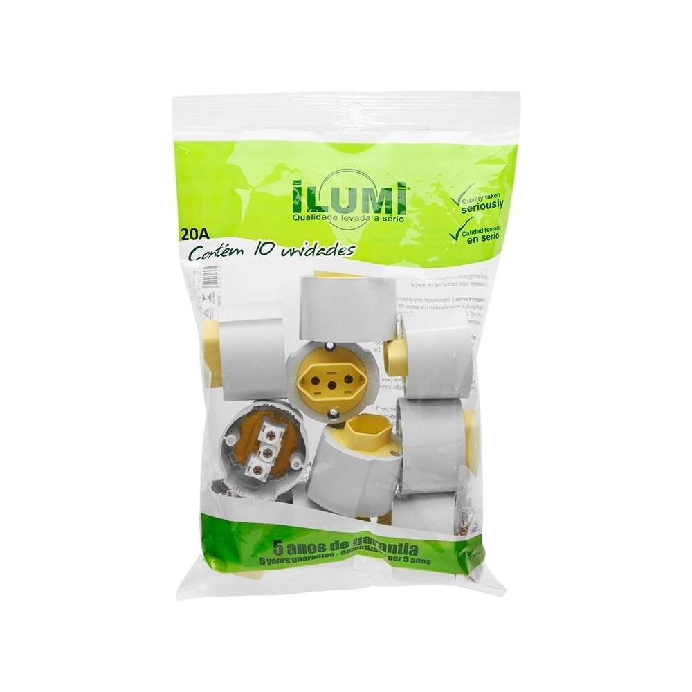 Tomada Sobrepor Bipolar Ilumi 2P+T 20A 250V Cinza Embalagem com 10 Unidades