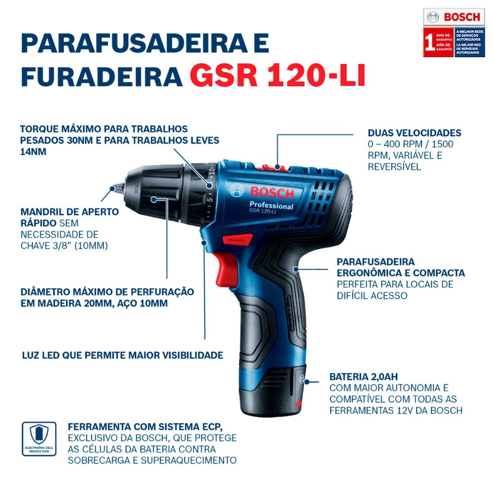 Furadeira Parafusadeira Bosch GSR120 com Bateria 12V Bivolt