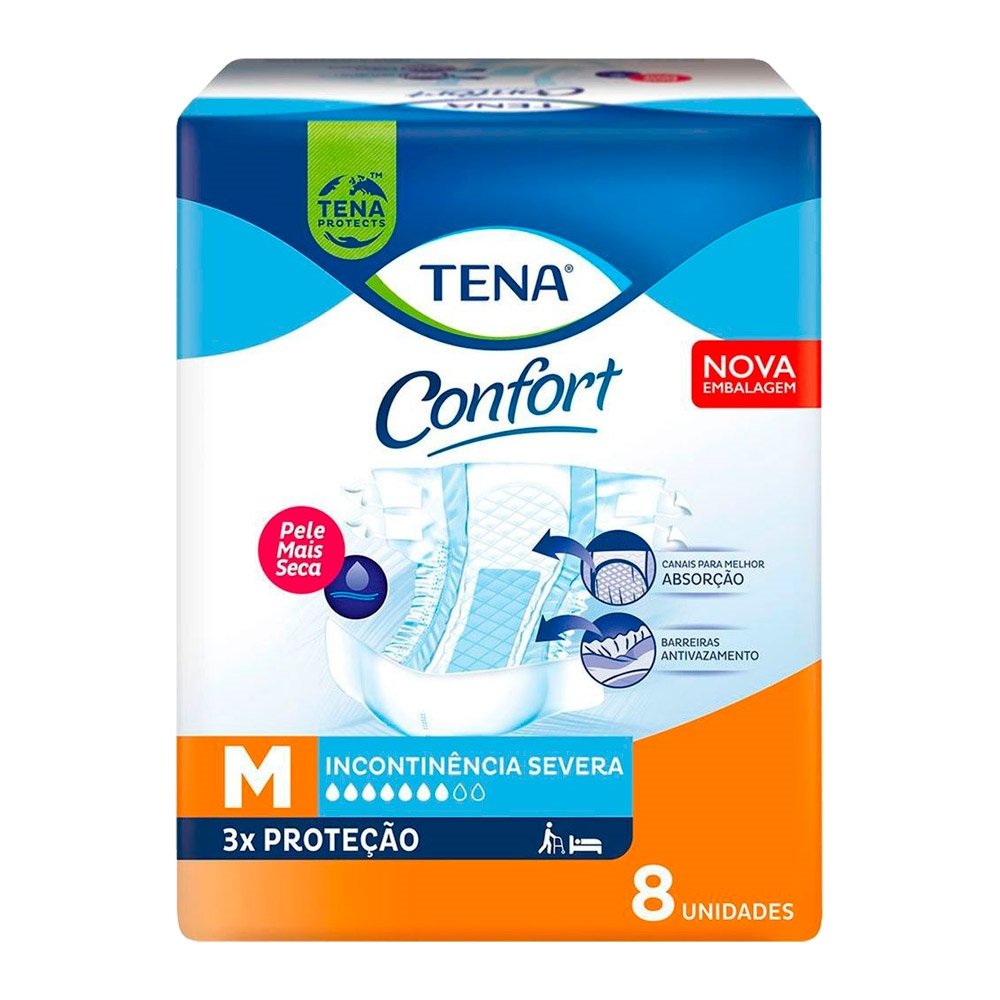 Fralda Geriátrica Tena Confort Tamanho M - 9 Pacotes com 8 Fraldas - Total 72 Tiras