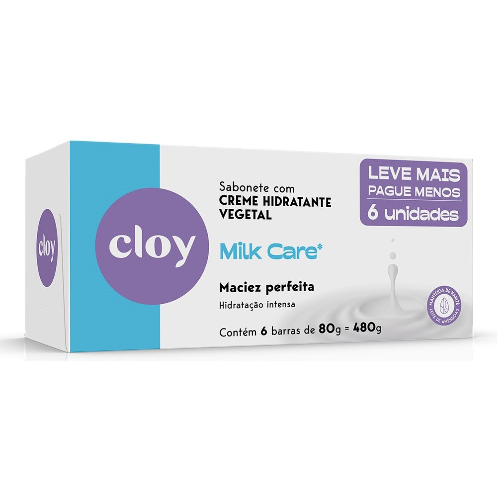 Sabonete Cloy Beauty Bar Milk Care Ultra Hidratante 80g Embalagem com 6 Unidades
