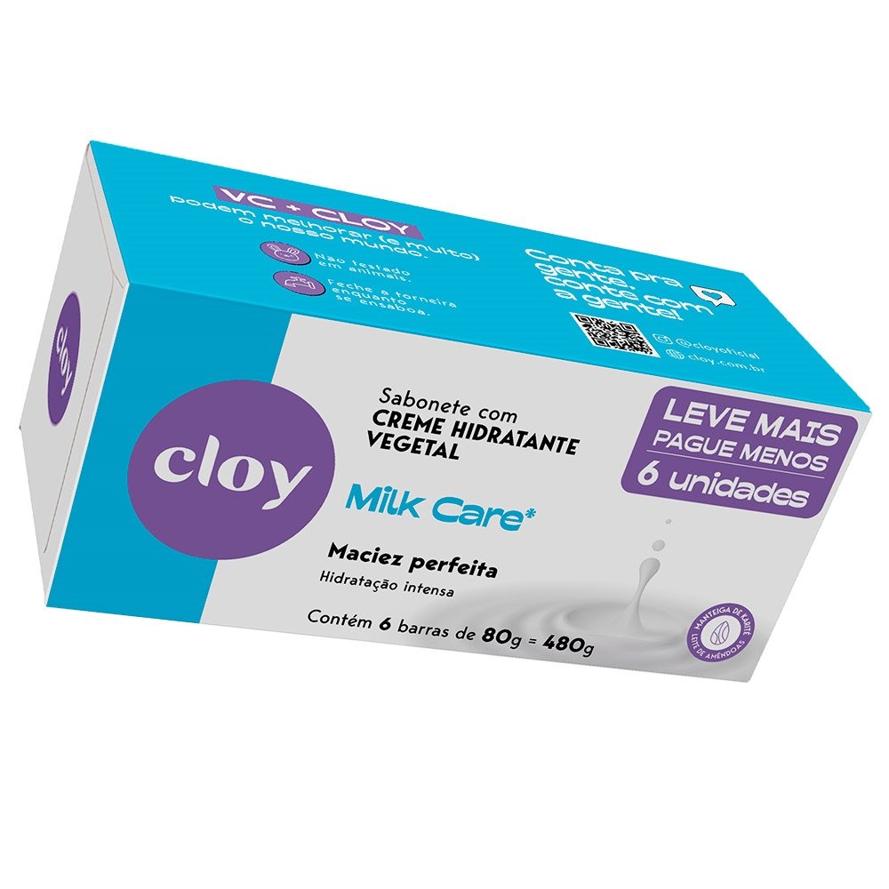 Sabonete Cloy Beauty Bar Milk Care Ultra Hidratante 80g Embalagem com 6 Unidades