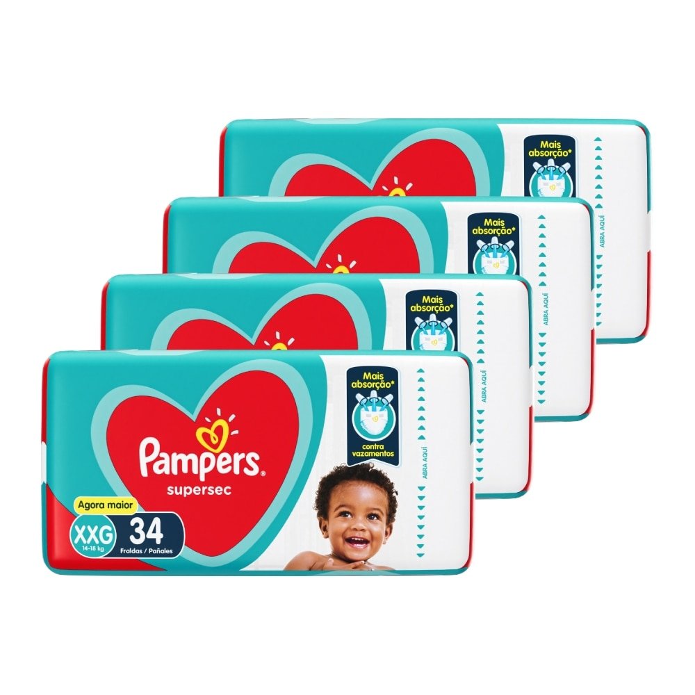 Fralda Descartável Pampers Supersec Tamanho XXG - 4 Pacotes com 34 Tiras - Total 136 Tiras