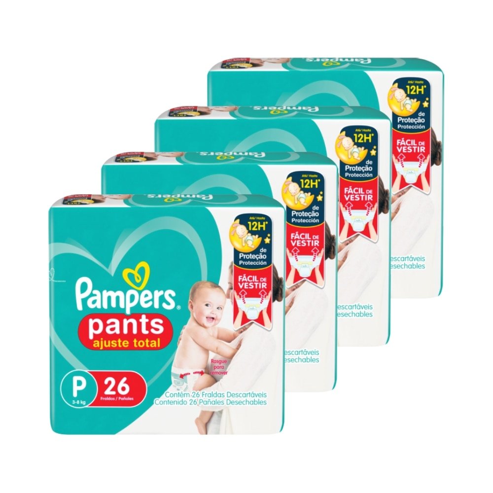 Fralda Descartável Pampers Pants Ajuste Total Tamanho P - 4 Pacotes com 26 Fraldas - Total 104 Tiras