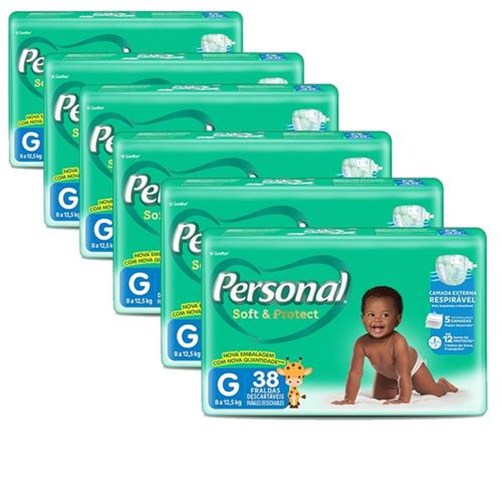 Fralda Descartável Personal Soft & Protect Tamanho G - 6 Pacotes com 38 Fraldas - Total 228 Tiras