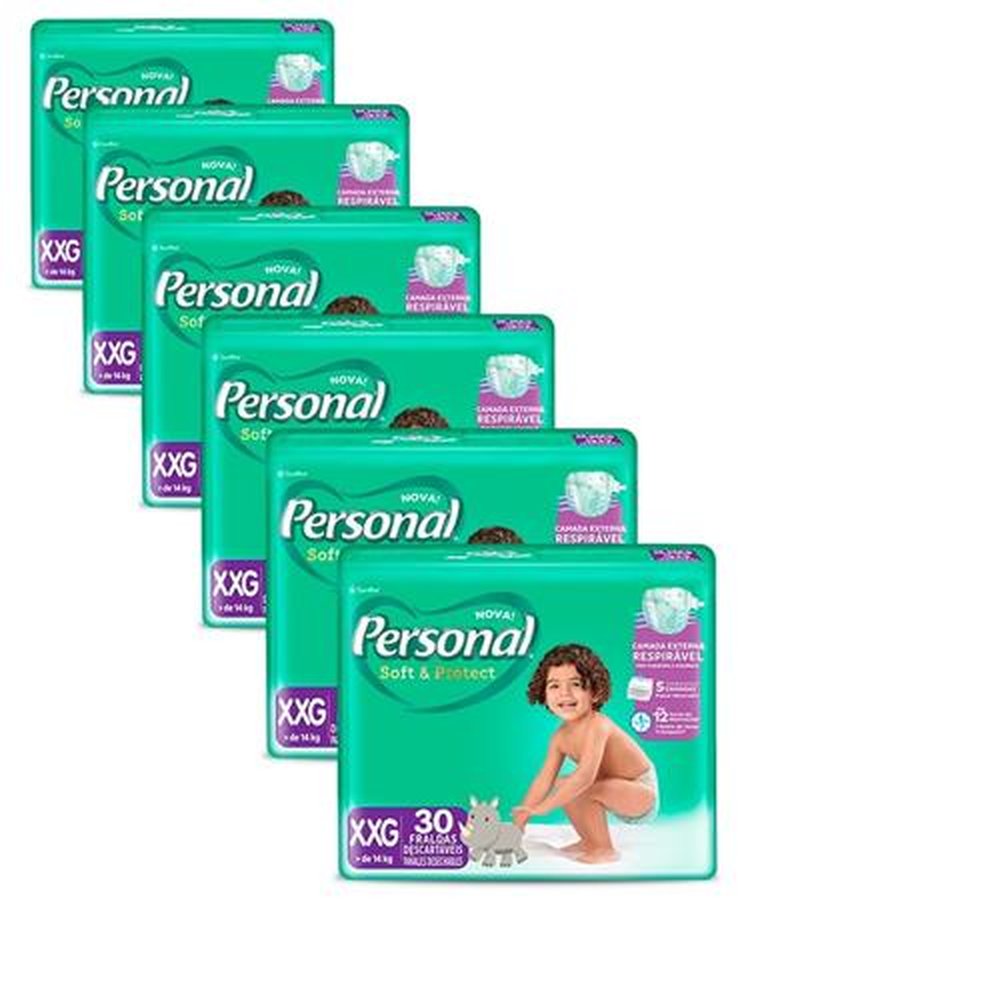 Fralda Descartável Personal Soft & Protect Tamanho XXG - 6 Pacotes com 30 Fraldas - Total 180 Tiras