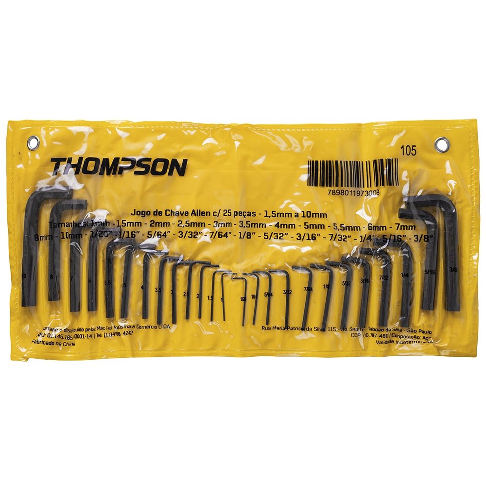 Chave Hexagonal L Tipo Allen Thompson Premium 1.5mm a 10mm - Embalagem com 25 Peças