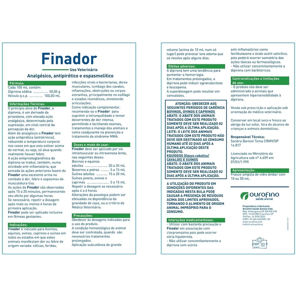 Finador Anti-Inflamatório Dipirona Sódica Injetável 50ml - Ouro Fino