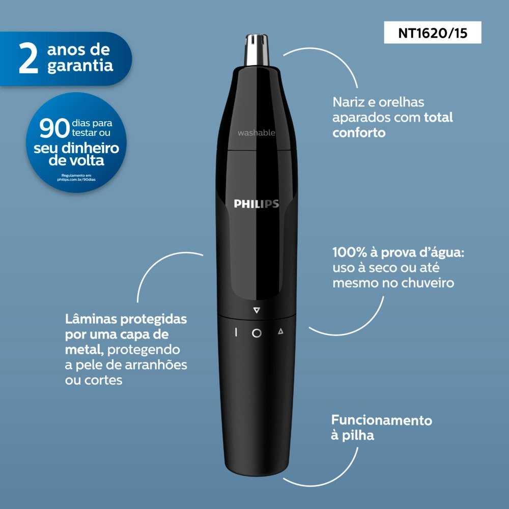 Aparador de Pelos Philips NT1620, Nariz/Orelha, Preto, Pilha