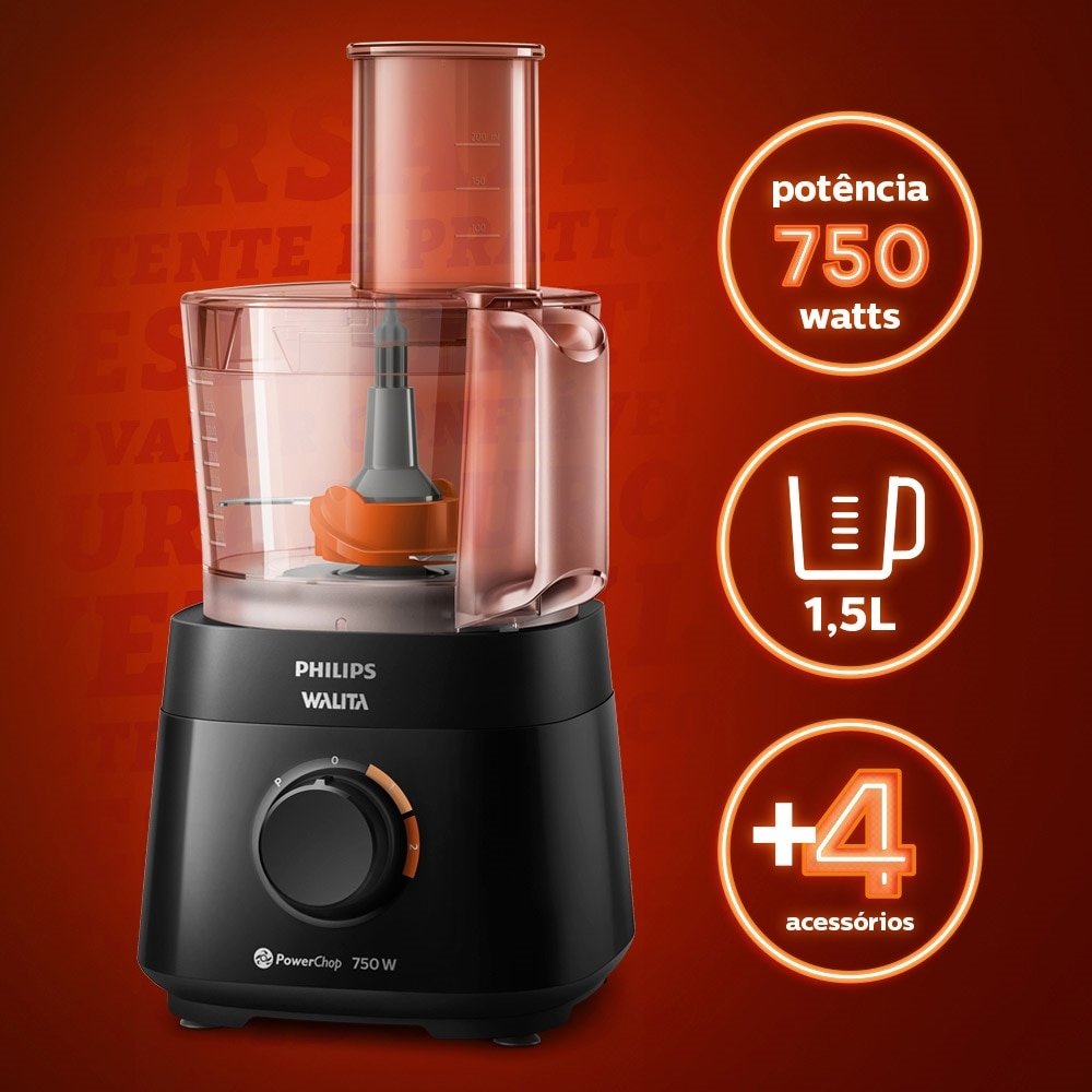Multiprocessador Philips Walita RI7301 PowerChop 750, Função Color Code, 4 Acessórios, 2 Velocidades, 750W, Preto, 220V