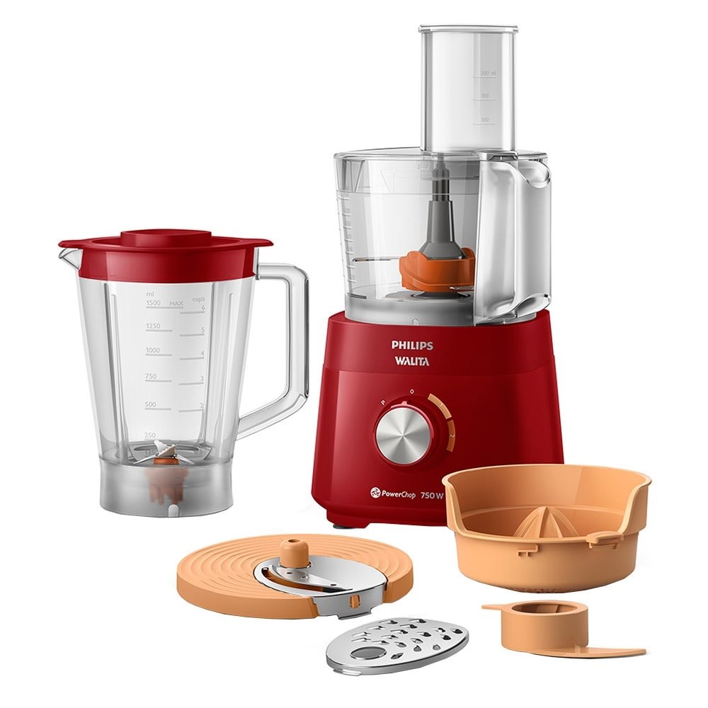 Multiprocessador Philips Walita RI7302 PowerChop 750 Plus - 6 acessórios, 2 Velocidades + Pulsar, 750W, Vermelho, 110V