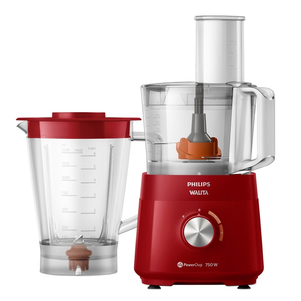 Multiprocessador Philips Walita RI7302 PowerChop 750 Plus - 6 acessórios, 2 Velocidades + Pulsar, 750W, Vermelho, 110V