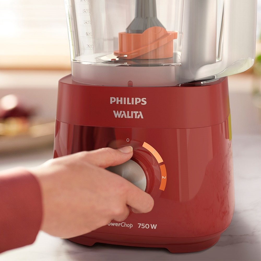 Multiprocessador Philips Walita RI7302 PowerChop 750 Plus - 6 acessórios, 2 Velocidades + Pulsar, 750W, Vermelho, 110V