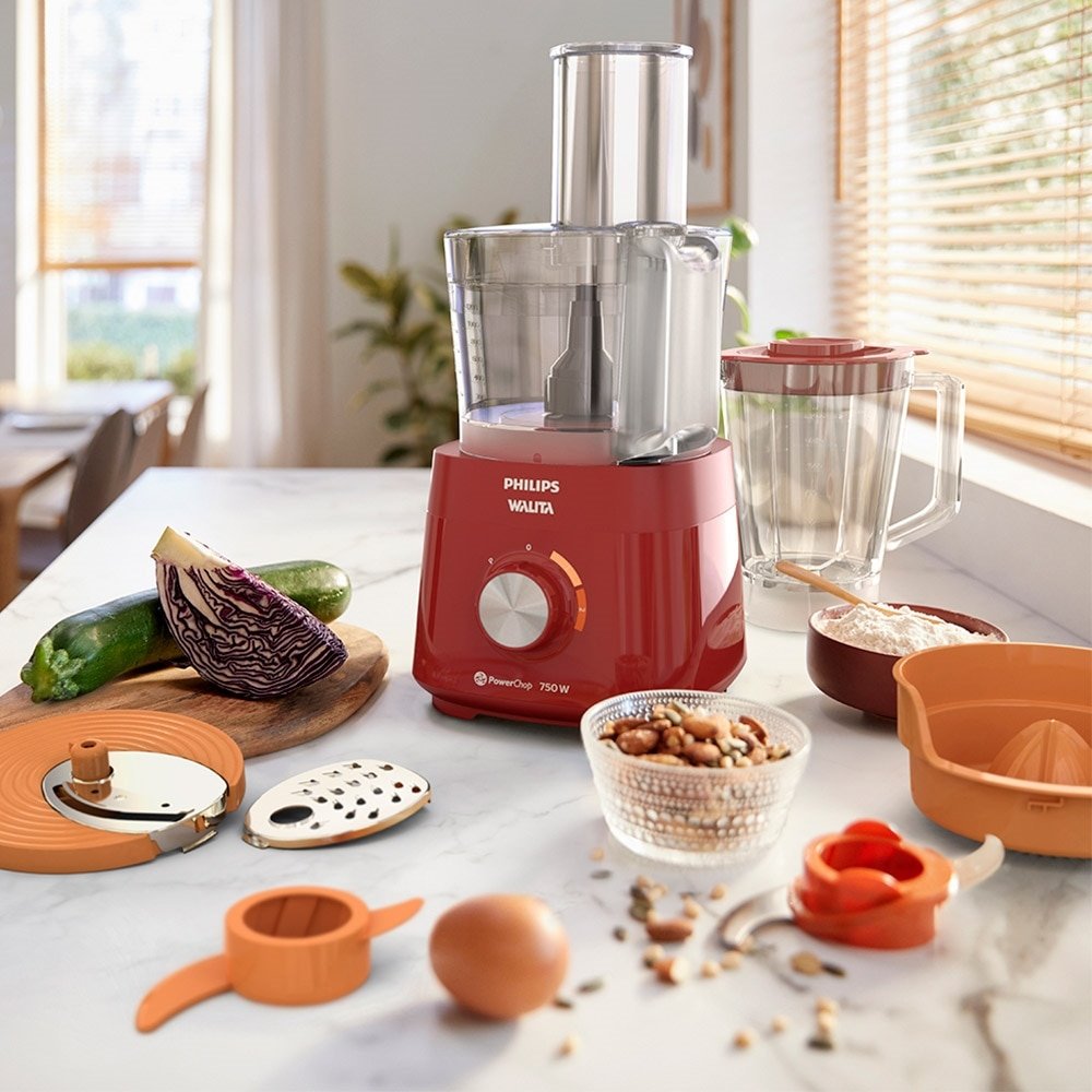 Multiprocessador Philips Walita RI7302 PowerChop 750 Plus - 6 acessórios, 2 Velocidades + Pulsar, 750W, Vermelho, 110V