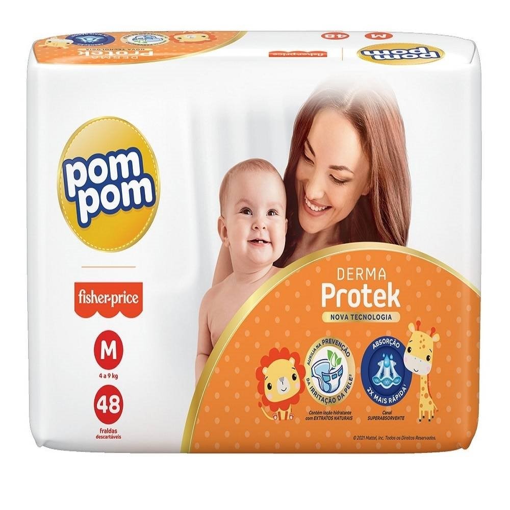 Fralda Descartável Pom Pom Derma Protek Tamanho M - 4 Pacotes com 48 Fraldas - Total 192 Tiras