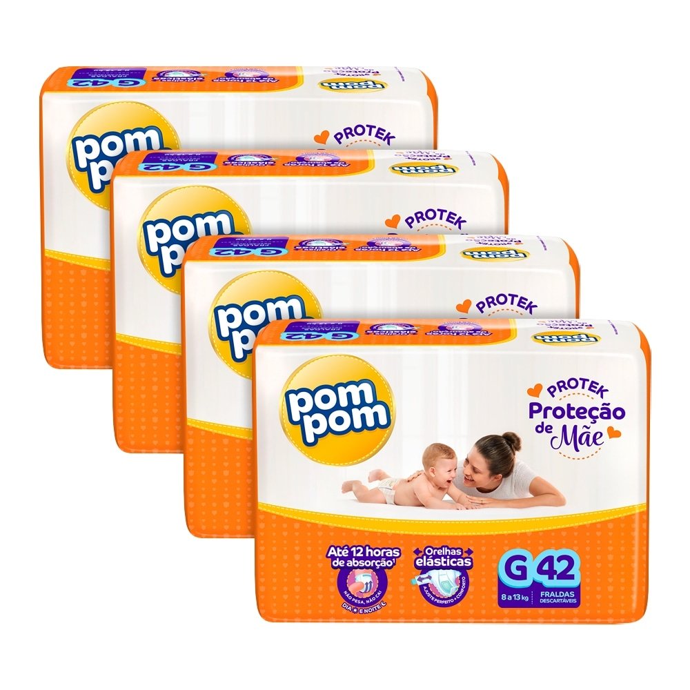 Fralda Descartável Pom Pom Derma Protek Tamanho G - 4 Pacotes com 42 Fraldas - Total 168 Tiras