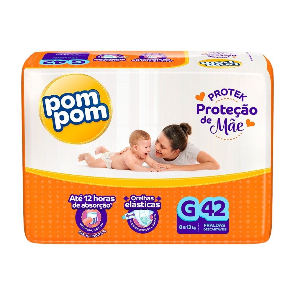 Fralda Descartável Pom Pom Derma Protek Tamanho G - 4 Pacotes com 42 Fraldas - Total 168 Tiras