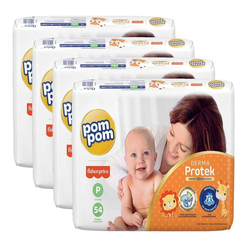 Fralda Descartável Pom Pom Derma Protek Tamanho P - 4 Pacotes com 54 Fraldas - Total 216