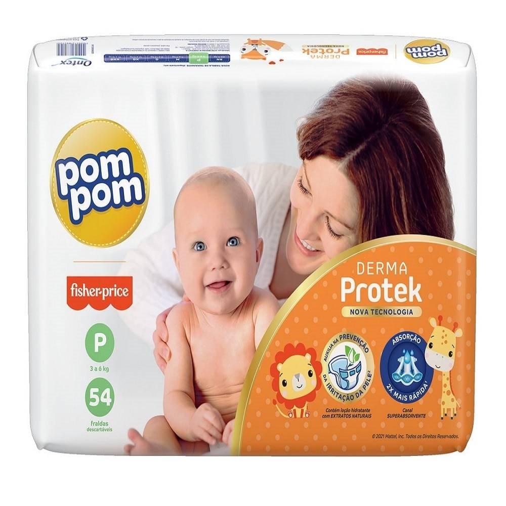 Fralda Descartável Pom Pom Derma Protek Tamanho P - 4 Pacotes com 54 Fraldas - Total 216