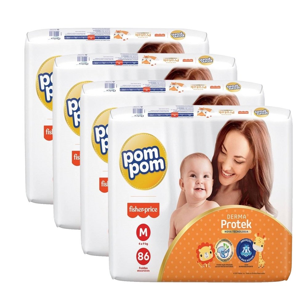 Fralda Descartável Pom Pom Derma Protek Tamanho M - 4 Pacotes com 86 Fraldas - Total 344 Tiras