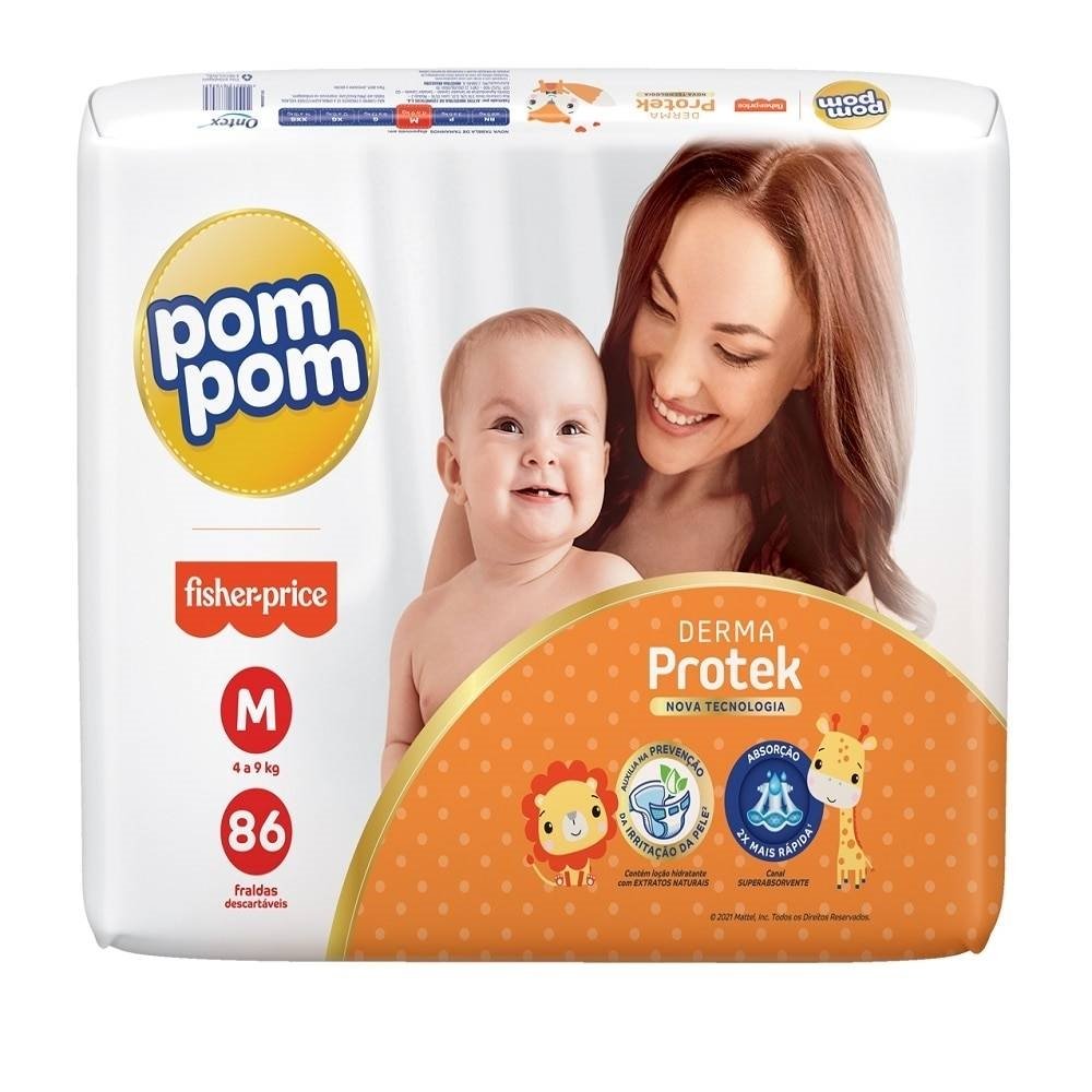 Fralda Descartável Pom Pom Derma Protek Tamanho M - 4 Pacotes com 86 Fraldas - Total 344 Tiras