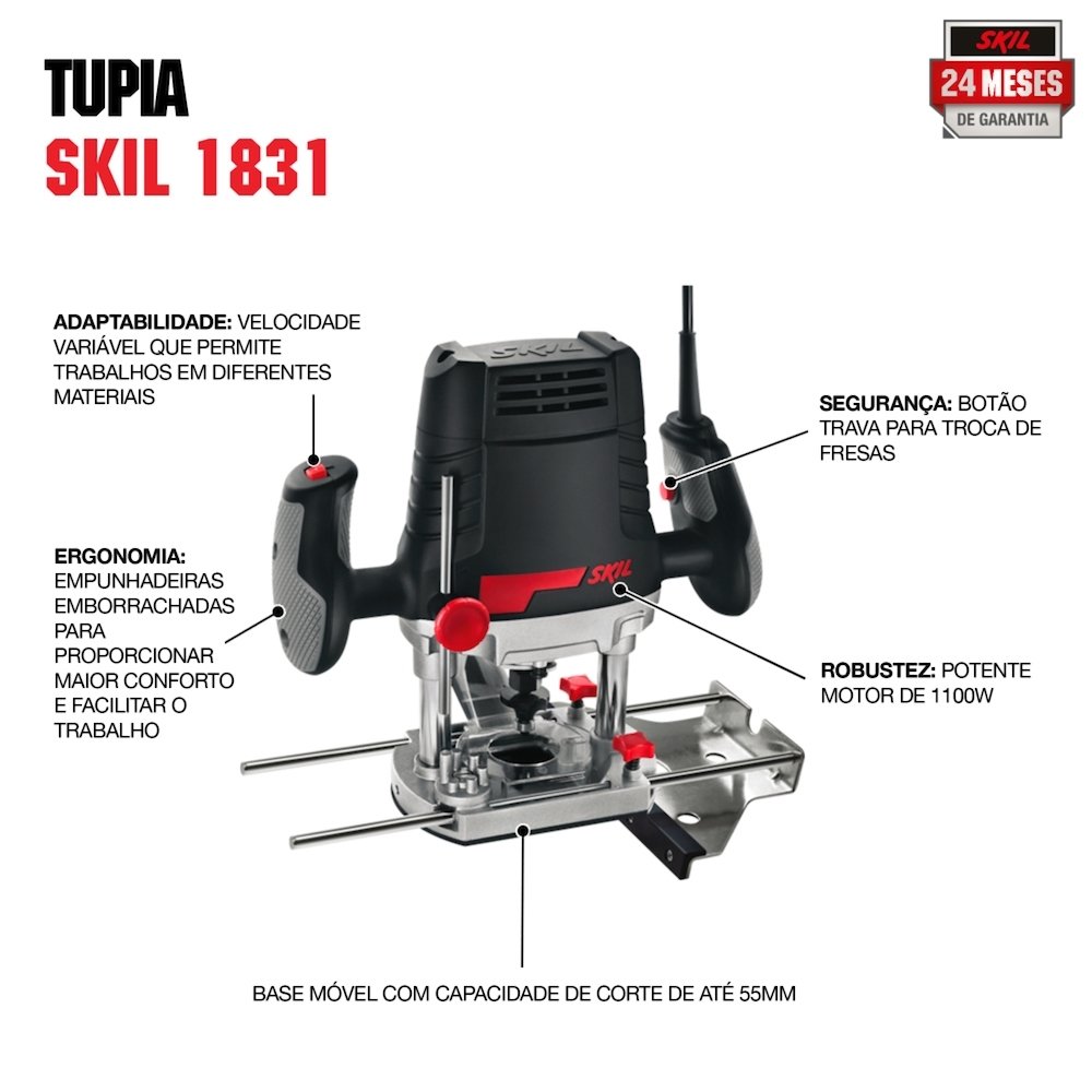 Tupia Coluna Skill 1831 1100W com 13 Acessórios e Maleta 110V