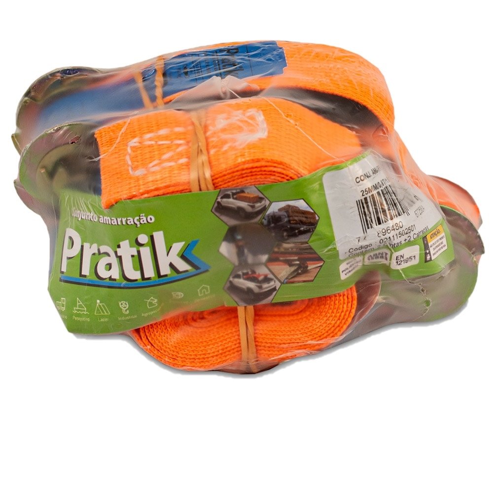 Cinta Catraca Amarração Pratik Laranja 25mm 0,8T 1,6m com Cabo Emborrachado - Embalagem com 2 Unidades