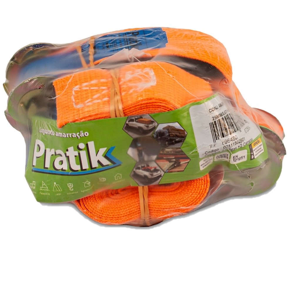 Cinta Catraca Amarração Pratik - Laranja 25mm 0,8T 4,6m Cabo Emborrachado - Embalagem com 2 Unidades