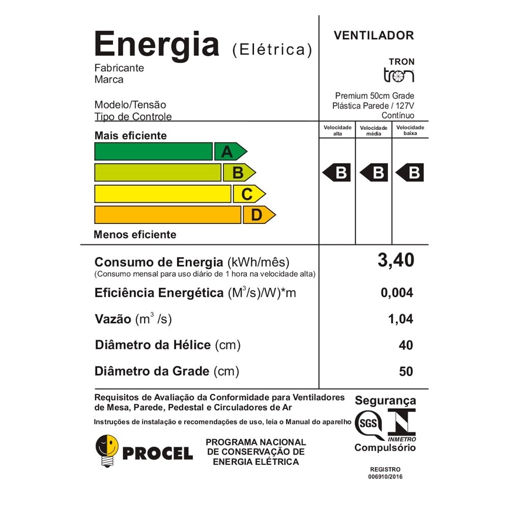Ventilador de Parede Tron Oscilante PP Premium, 50cm, Preto, 110V
