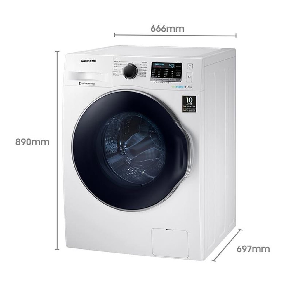 Máquina de Lavar Roupas 11kg Samsung WW11K, WW11K6800AW, Porta Crystal Blue com Ecobubble, Branca, 110V