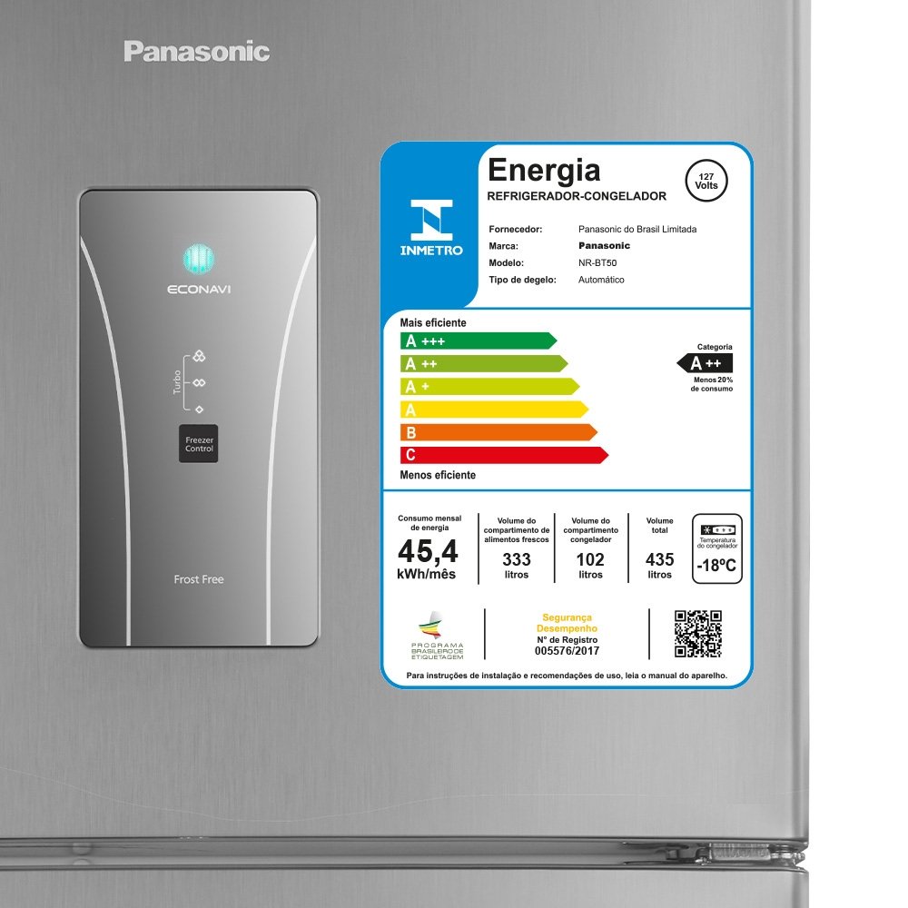 Geladeira/Refrigerador Panasonic 435 Litros A++ NR-BT50BD3XA - Frost Free, 2 Portas, Econavi, Aço Escovado, 110V