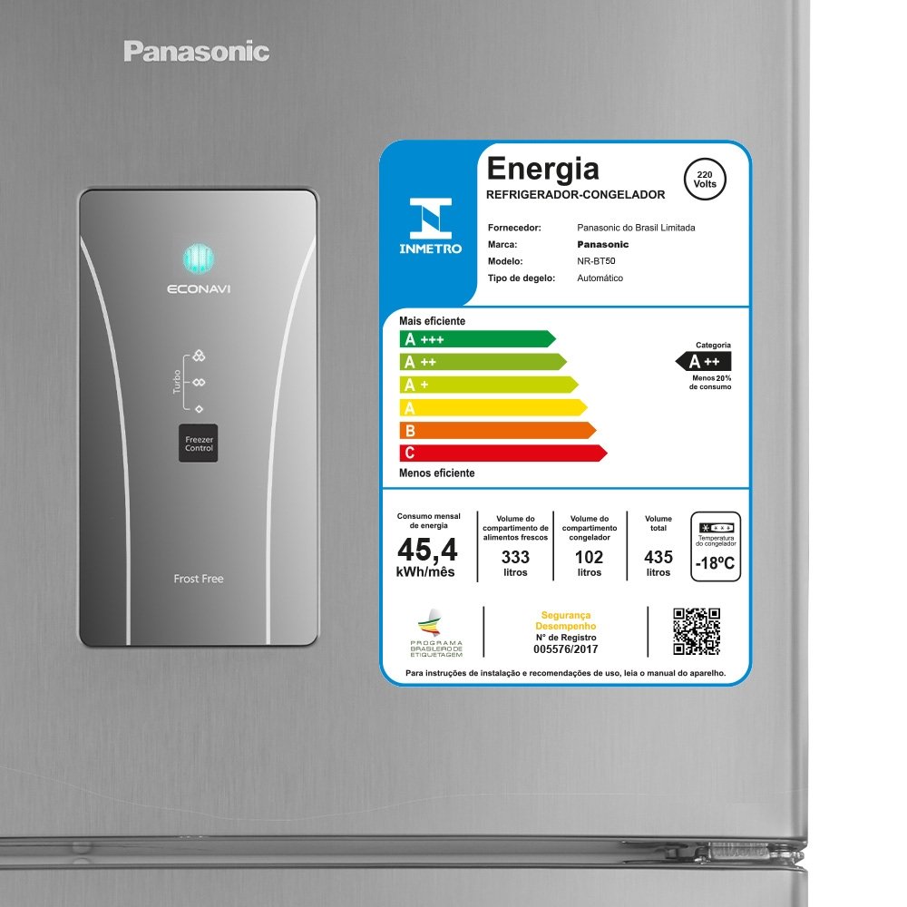 Geladeira/Refrigerador Panasonic 435 Litros A++ NR-BT50BD3XB - Frost Free, 2 Portas, Econavi, Aço Escovado, 220V
