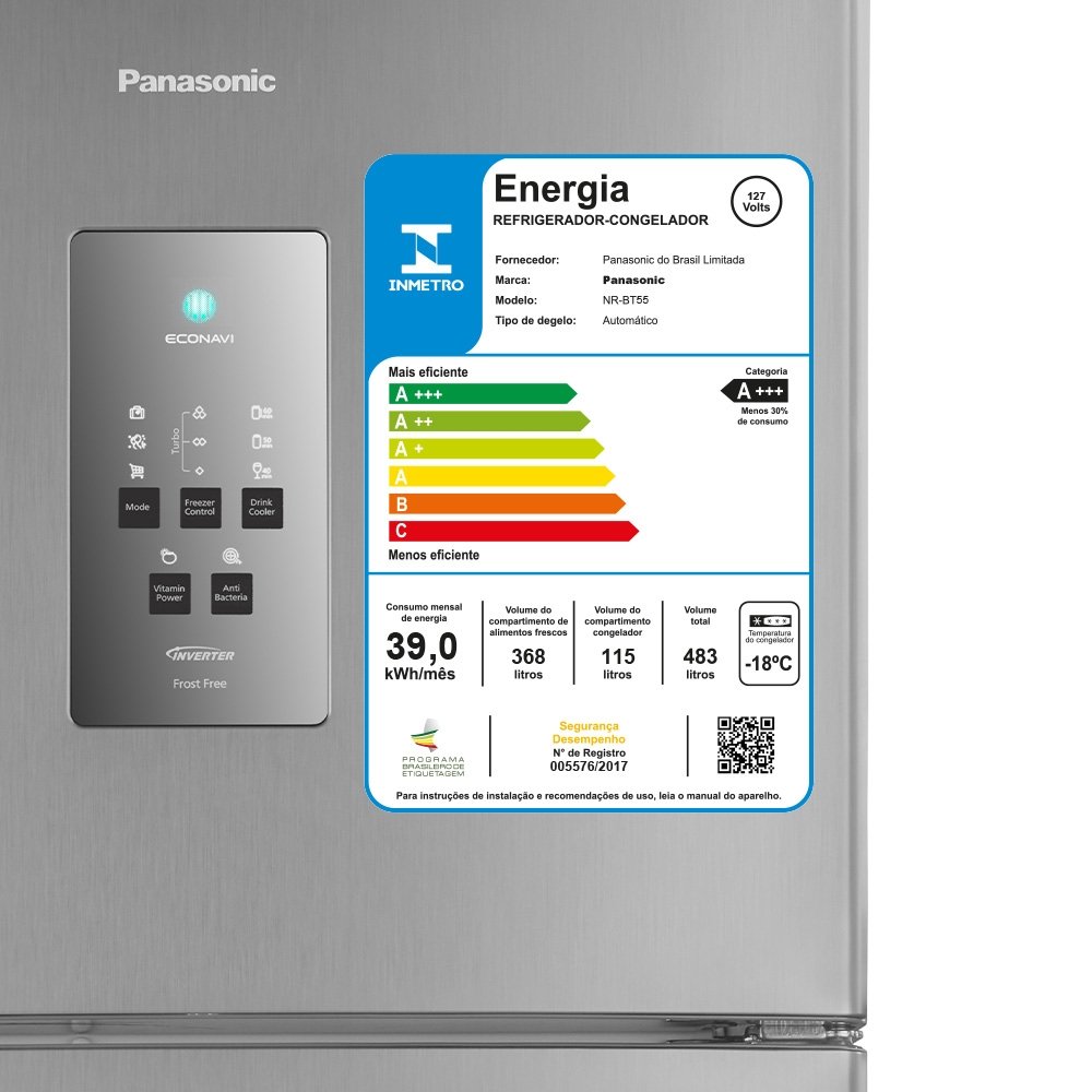 Geladeira/Refrigerador Panasonic 483 Litros A+++ NR-BT55PV2XA - Frost Free, Inverter, 2 Portas, Econavi, Aço Escovado, 110V
